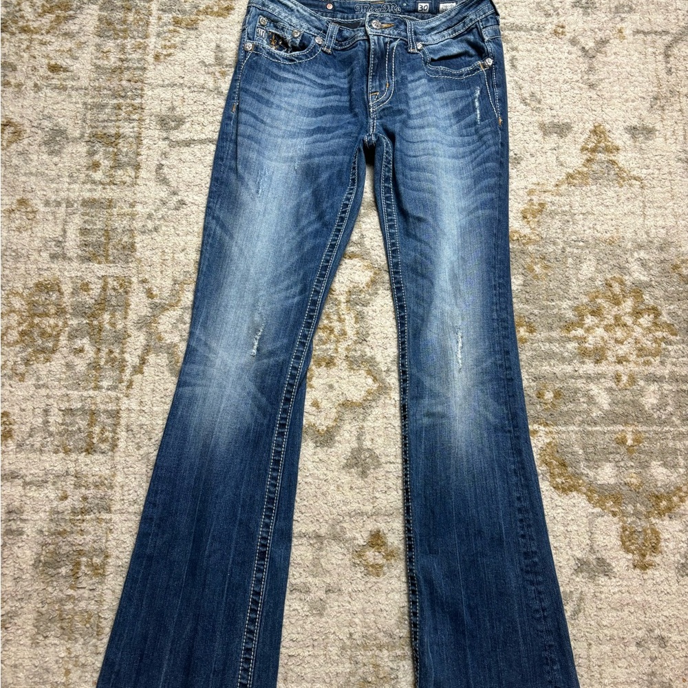 Miss Me Jeans Bootcut Size 30 Dark Wash Mid Rise Denim Rhinestone Pockets - Picture 2 of 10
